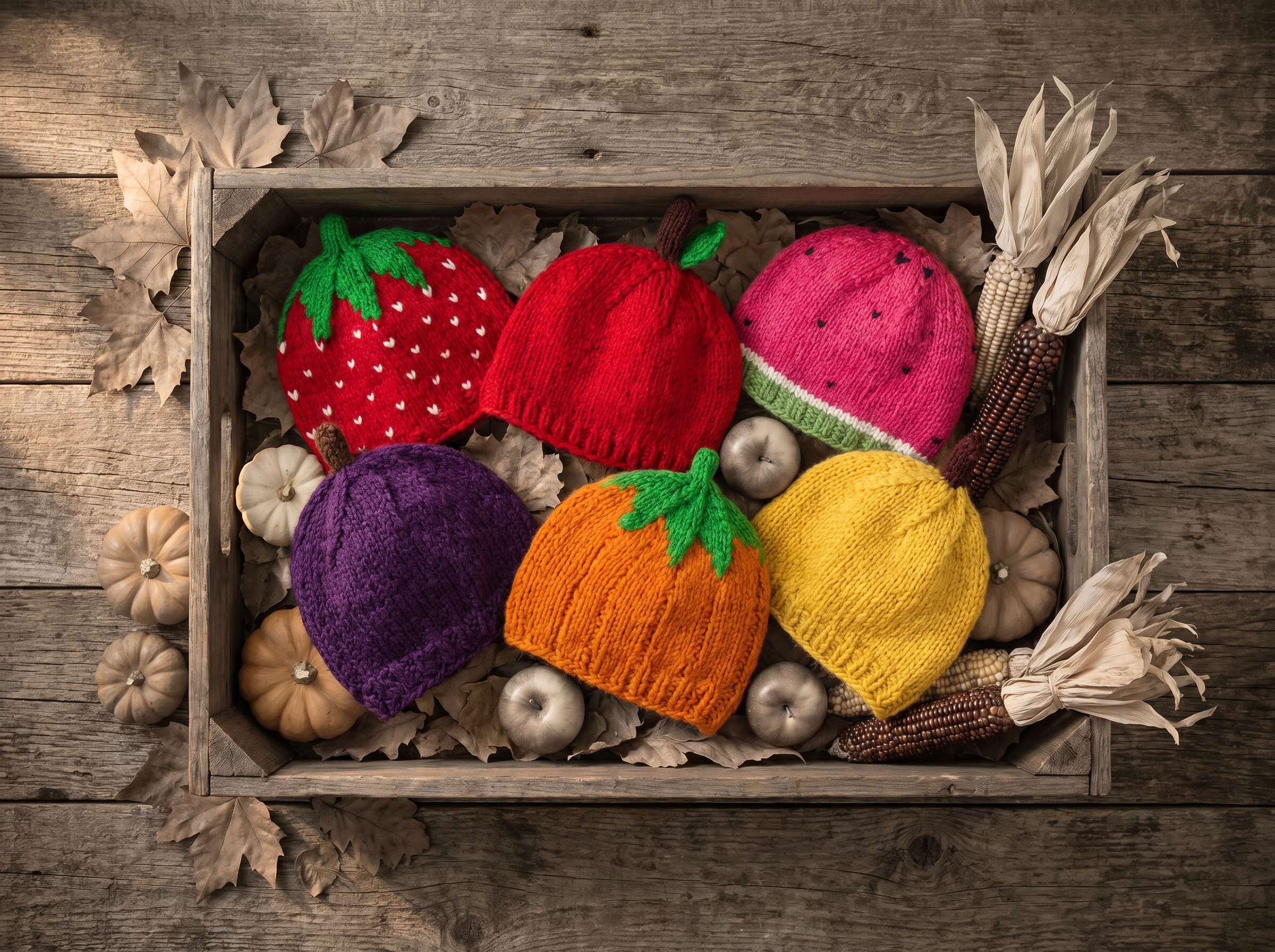 Kids fruit hat collection with strawberry, pumpkin, watermelon, and apple designs