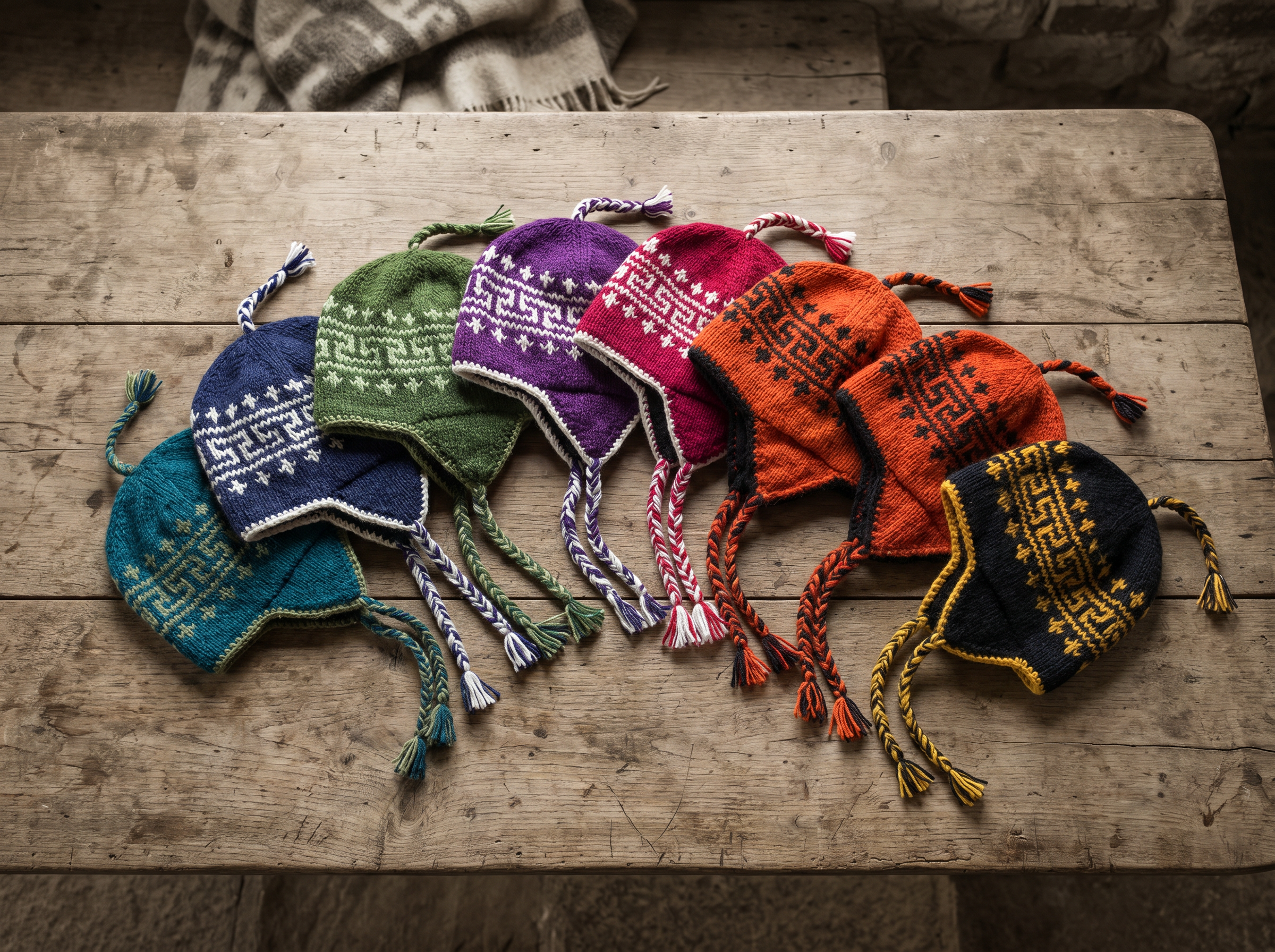 Maze pattern earflap hats in multiple colorways