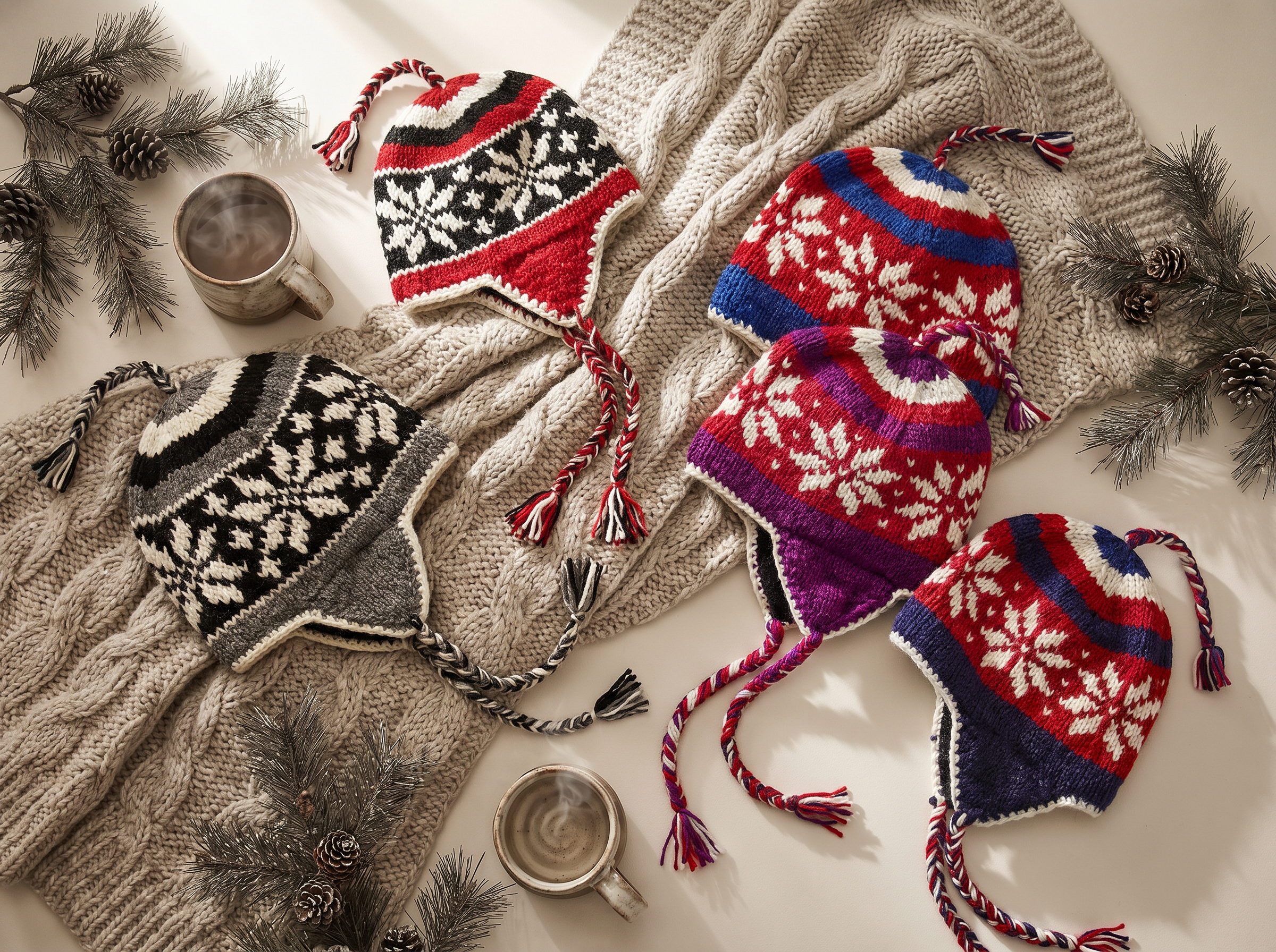 Snowflake pattern earflap hats in multiple colors